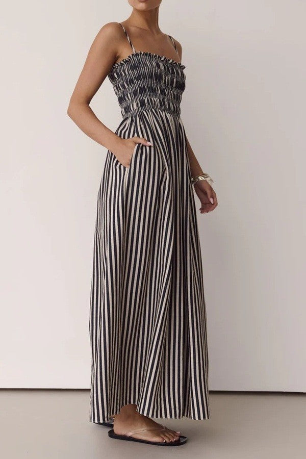 Smocked Black and White Maxi Dress