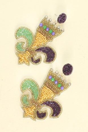 Beaded Crown Fleur De Lis Earrings
